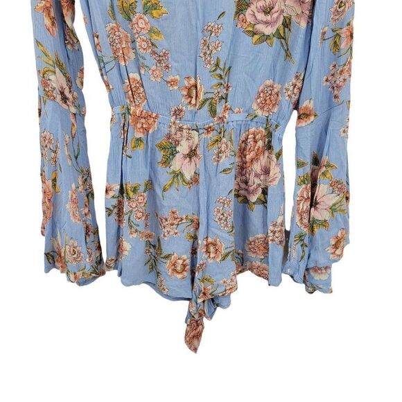 Billabong Romper Boho Festival Large Bell Sleeve Plunging Tie Waist Floral Sz M - Picture 10 of 11